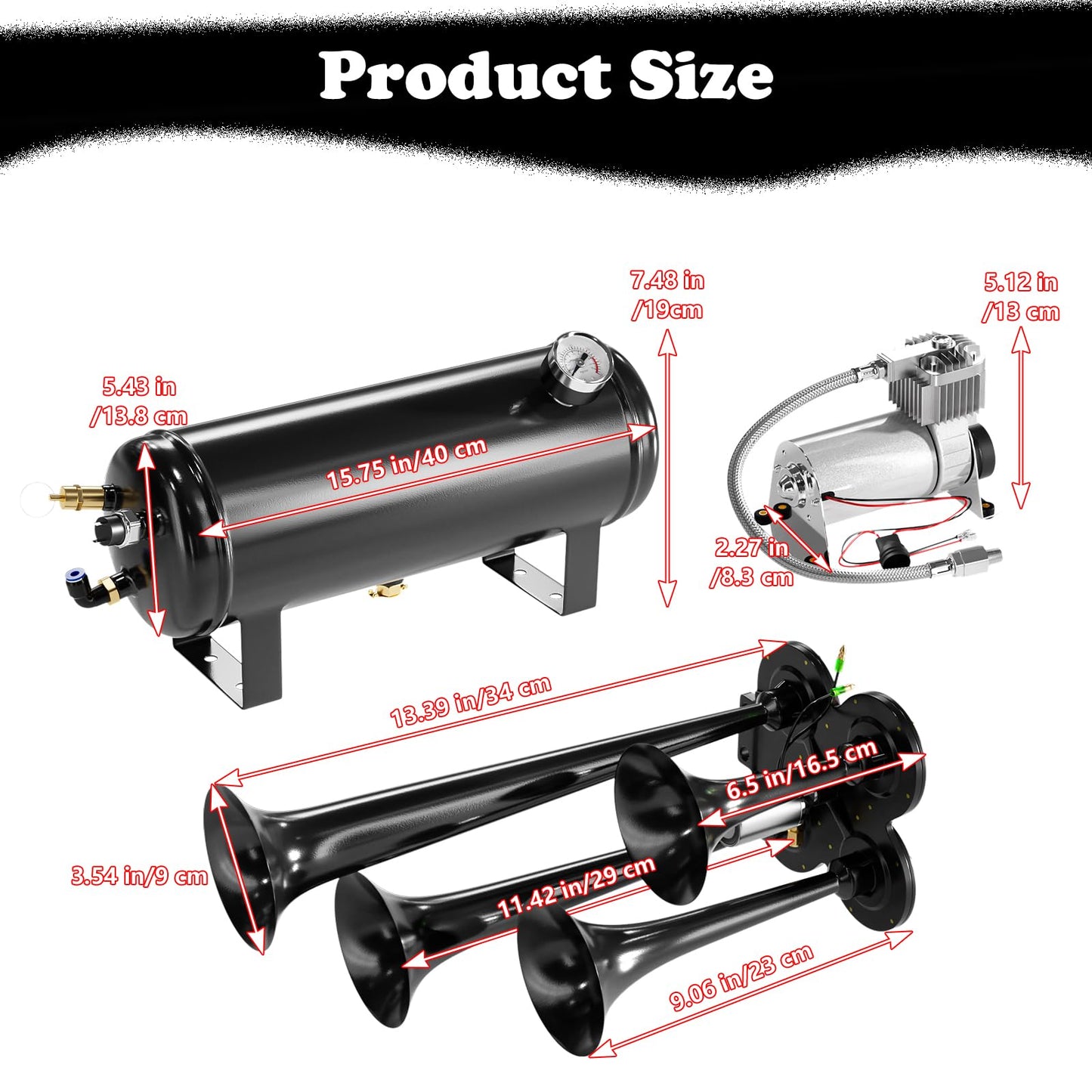 150DB Train Air Horn Kit, 4 Horn Kits for 150 PSI 12V Air Compressors, Ultra Loud Air Horn With Built-in 90-120 PSI Pressure Switch and Temperature Controller for Truck Complete Kit, Black 1.59 Gallon