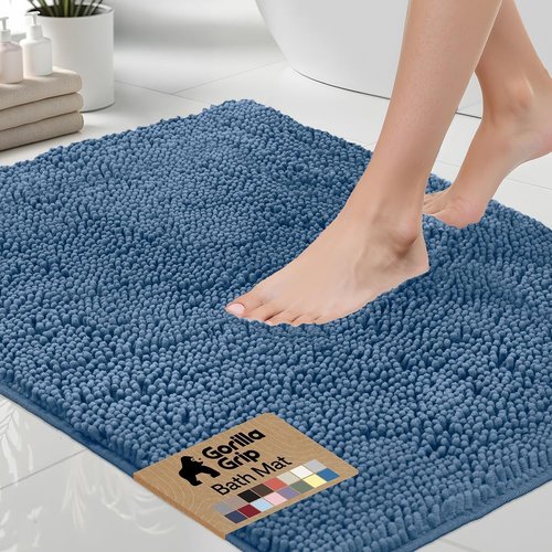 GORILLA GRIP Bath Rug Mat - Soft Absorbent Chenille | Quick Dry Microfiber, 60x17, Blue