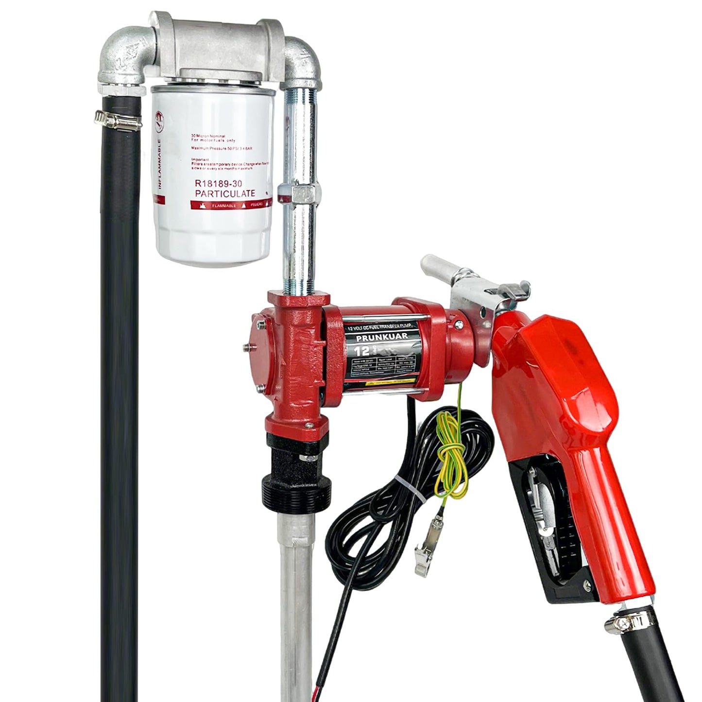 12V DC 12GPM Gasoline Fuel Transfer Pump Kit, Overheat Protection, Explosion-proof, Suitable for Gasoline, Diesel, Mineral Oil, Kerosene with Particulate Filter with Automatic Nozzle & Hose Kit