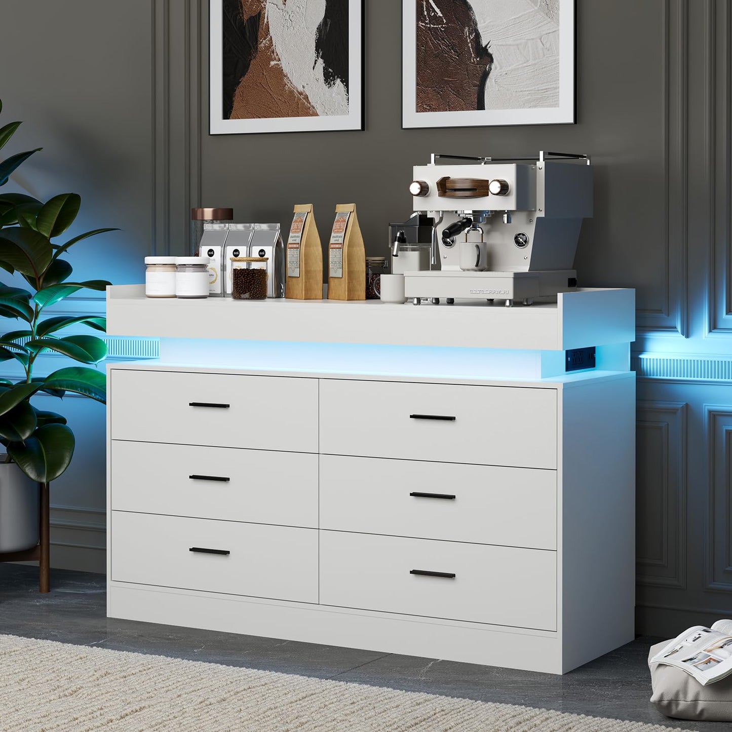 PeacefulHues TV Stand Cabinet with LED Lights & Charging Station, Coffee Bar Cabinet Floating Countertop, Modern Sideboard Buffet 6 Drawers for Home, Living Room, White
