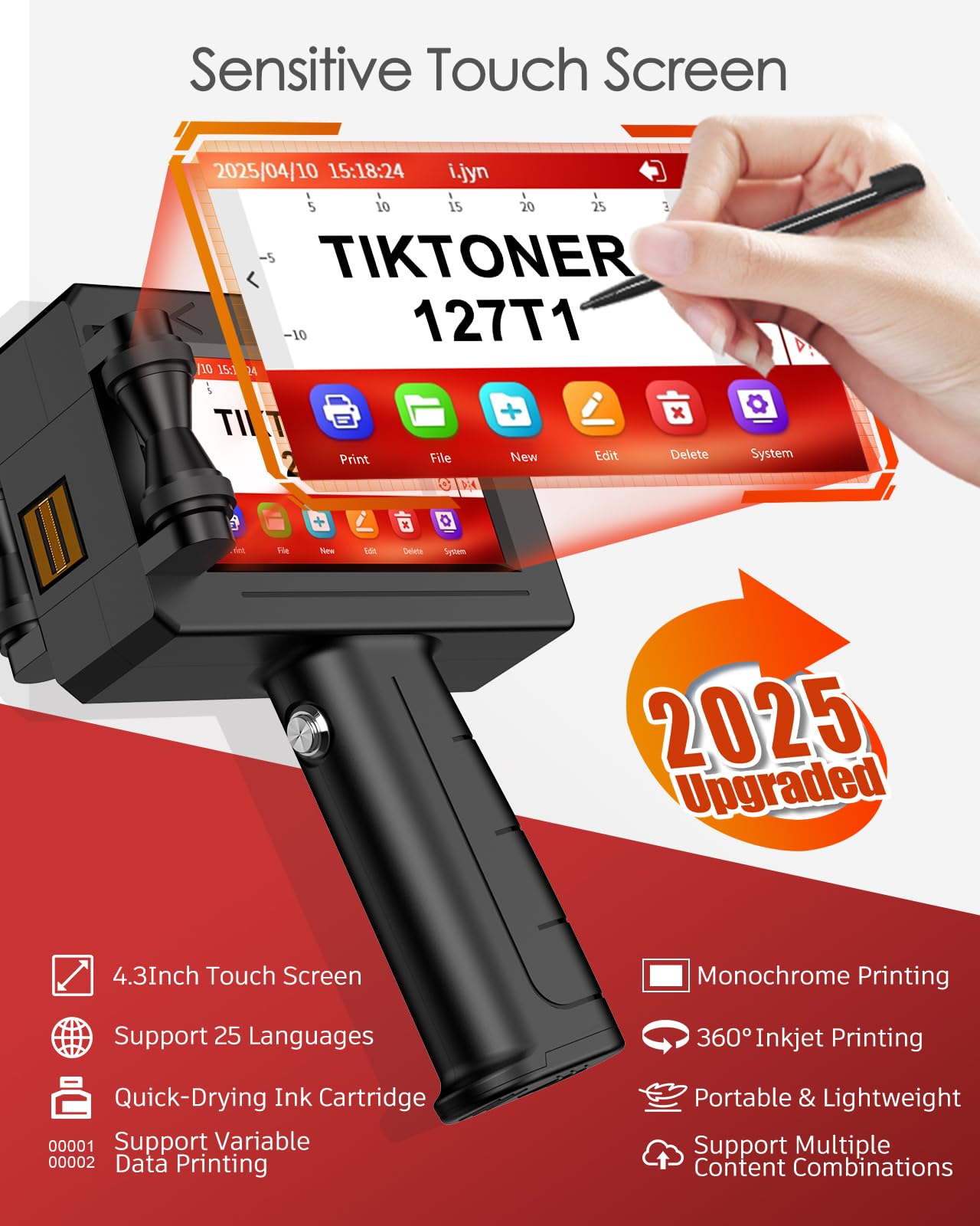 TIKTONER 127T1 Handheld Inkjet Printer - Portable Handheld Printer for Text/Logo/QR Code/Barcode/Date/Batch Number/Serial Number, Inkjet Coding Machine for Cardboard/Metal/Plastic/Ceramic/Wood/Fabric