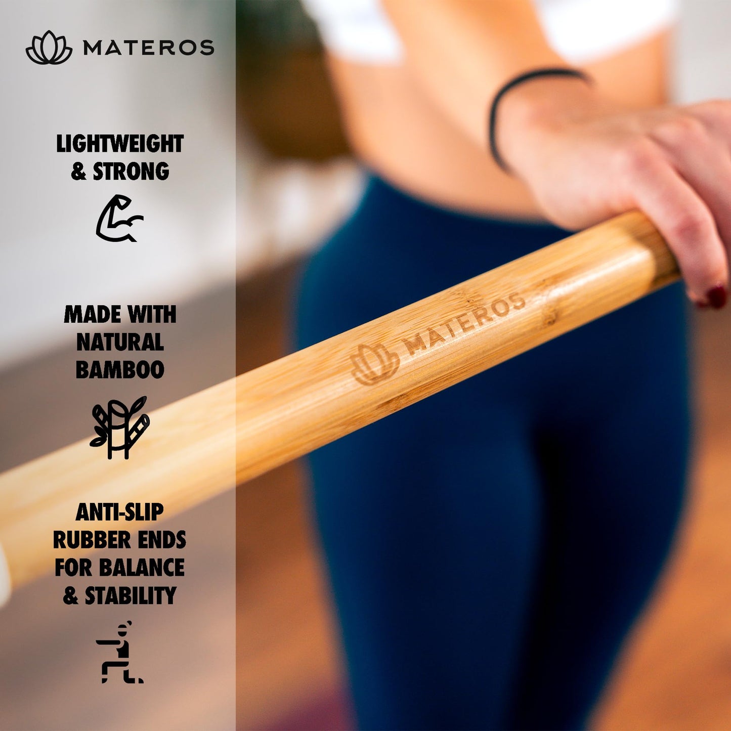 Materos Yoga Stick- 5ft Bamboo Mobility Stick- Premium Yoga Dowel- Physical Therapy Aide, Posture Corrector, Balance Support Stick, Stretching/Flexibility/Exercise Stick