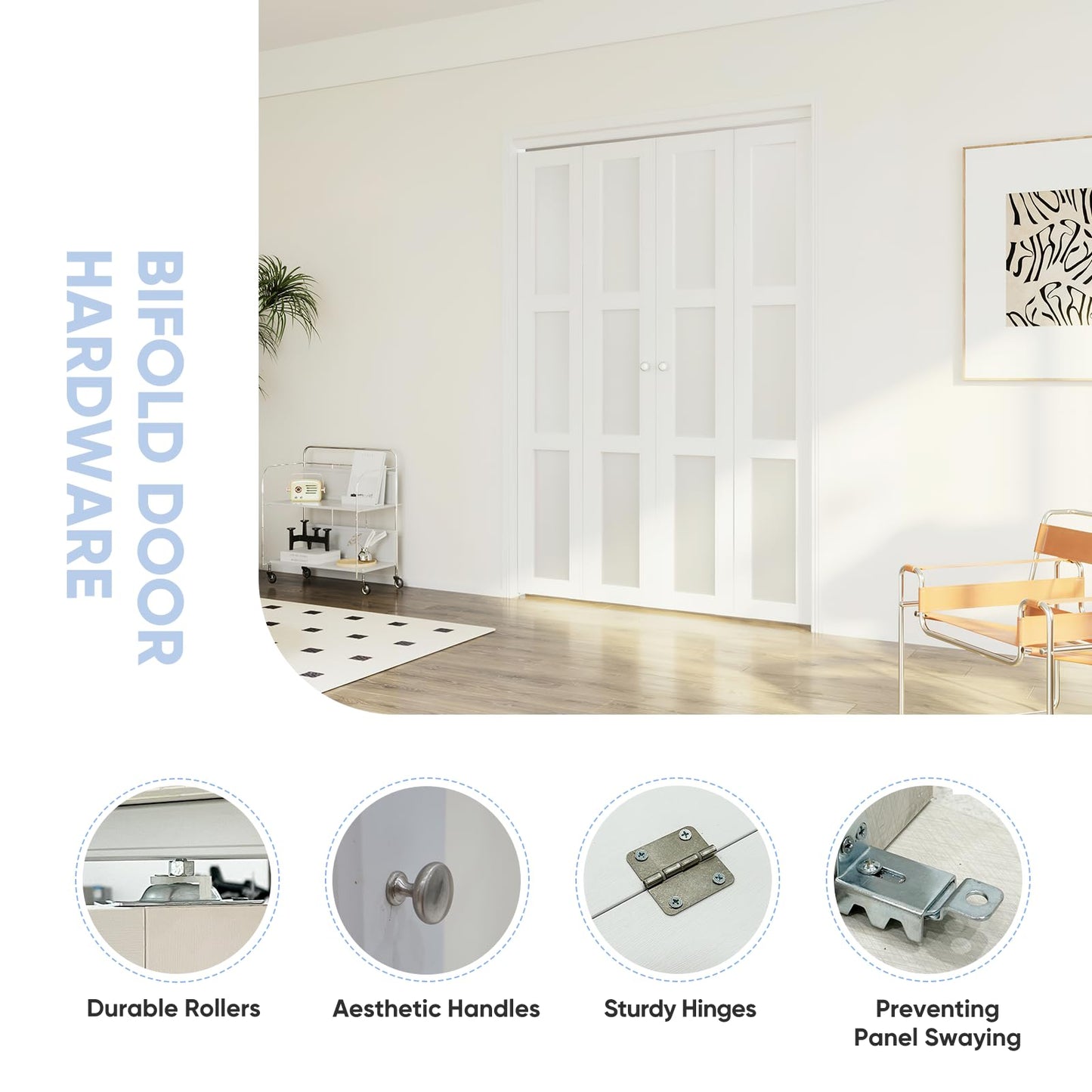ARKHJEM Bi-Fold Door,3 Panel Frosted Glass Closet Door,for 48"×80"(Double 24"*80" Doors) Door Opening,Suitable for Closets & Interiors,DMF,White