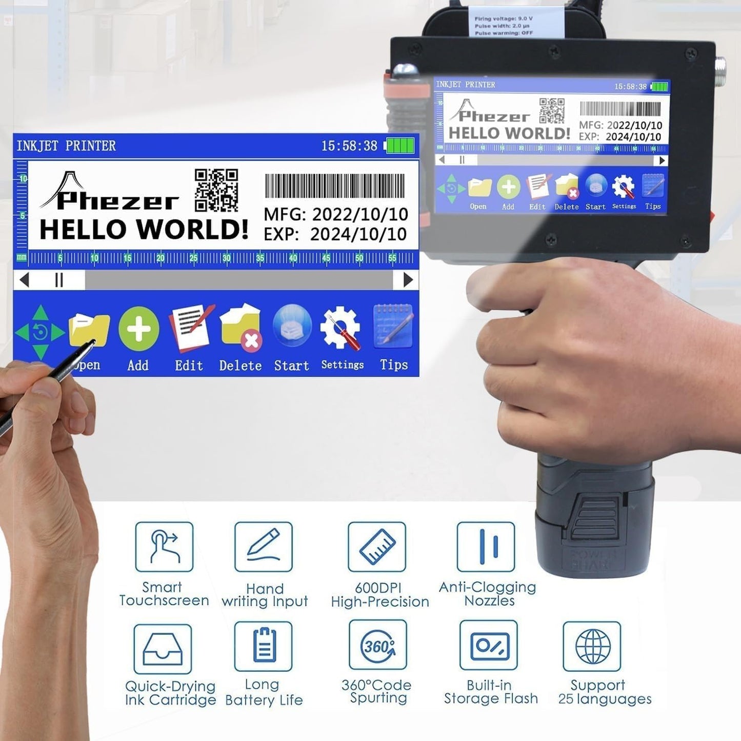 Phezer P16-1 Handheld Inkjet Printer, Printing Height 1 Inch with 72ml Solvent Ink Cartridge, Portable Intelligent Coding Machine for Expiry Date/Time/Barcode/QR Code/Logo (Metal Body)