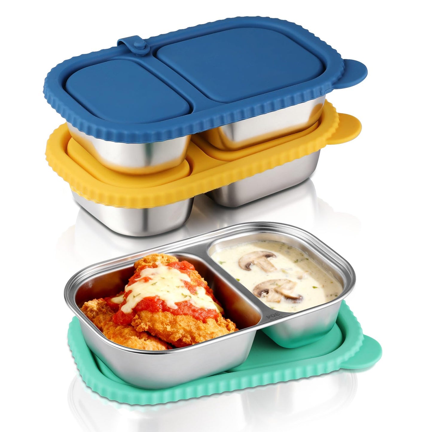 snuggery 3 pack Stainless Steel Snack Container with Lid – 2 Compartment Reusable Leakproof Snack Box for Kids and Adults, Dishwasher & Freezer Safe, Ideal for Travel, School, Meal Prep