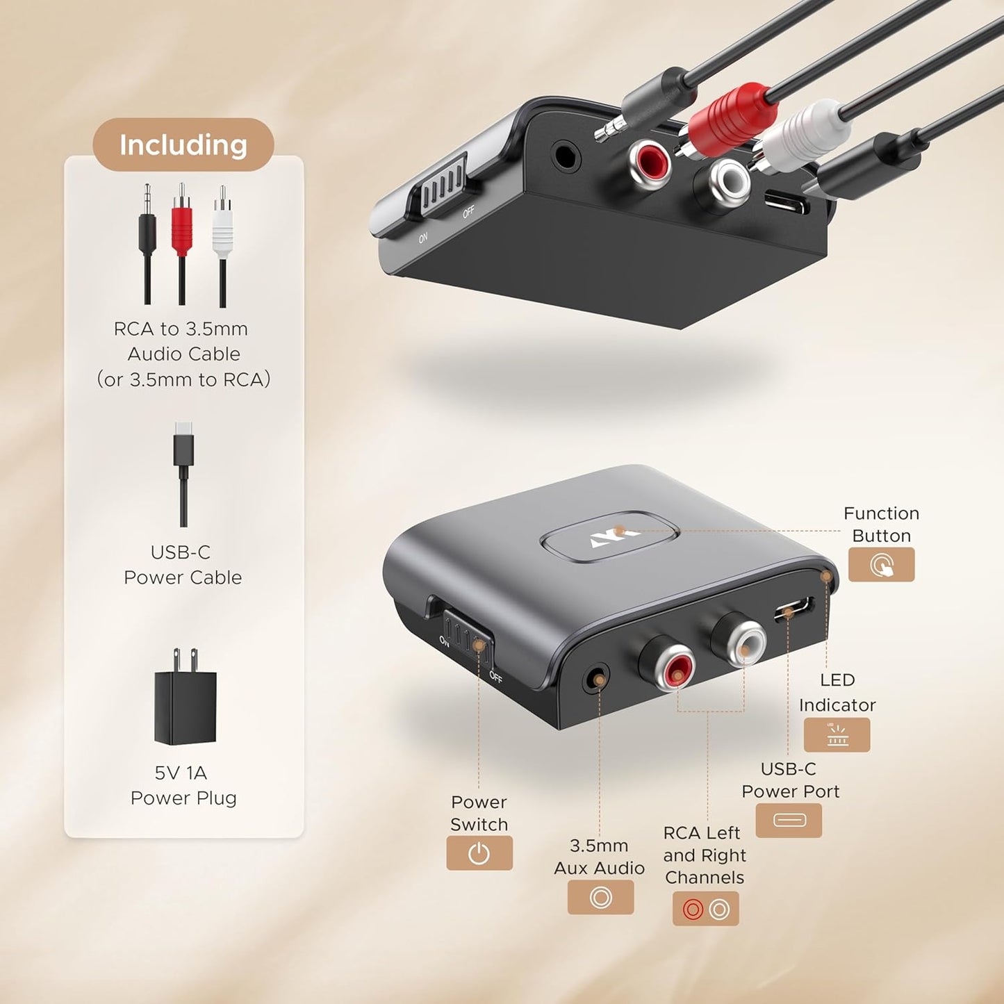 Warrky 3.5mm Bluetooth Audio Receiver for Home Stereo RCA and Audio Jack, Bluetooth Audio Adapter for Speakers, Work