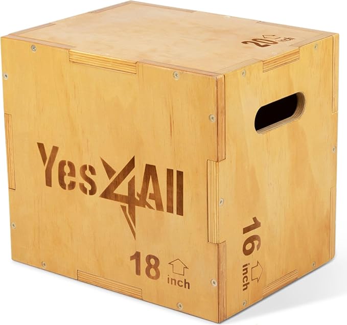 Yes4All Plyo Box, 3-in-1 Wooden Box Jumps for Home Gym (12/14/16?¯in), 450 lbs Boxes Step Up with Smooth Edges & Wide Built-in Handles for Jumping, Strength Training, Lunges, Squats, Dips