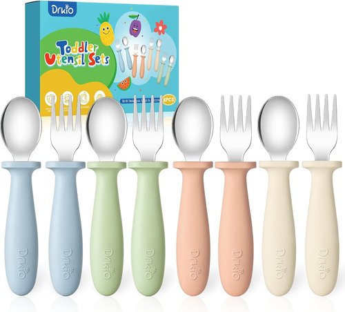 DRKIO Toddler Utensils Set - 8-Piece Kids Silverware with Silicone Handles | Safe 18/8 Stainless Steel