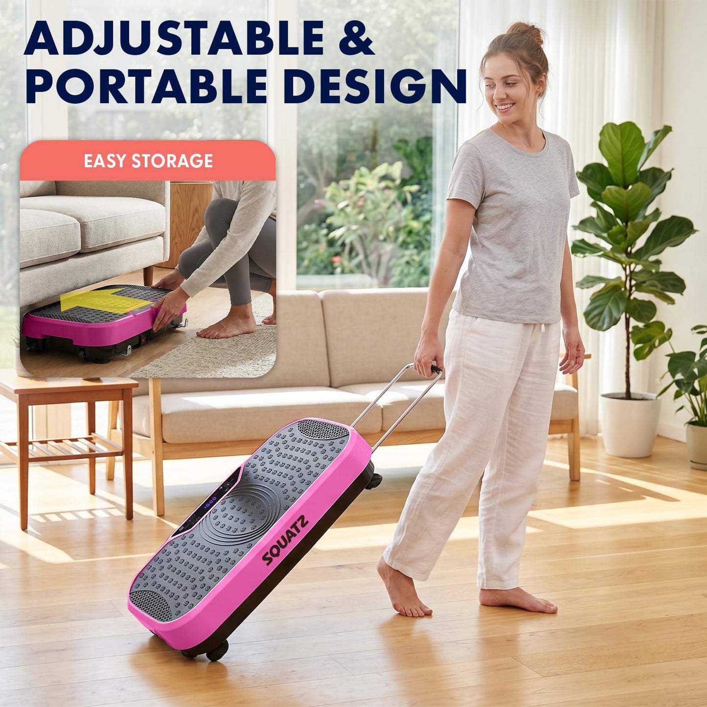SQUATZ Vibration Plate Exercise Machine, Vibration Plate with Handles and 1-99 Speed Levels, 10 Preset Programs, Quiet Low-Impact Home Fitness Platform with Remote Control, Portable Design, Pink