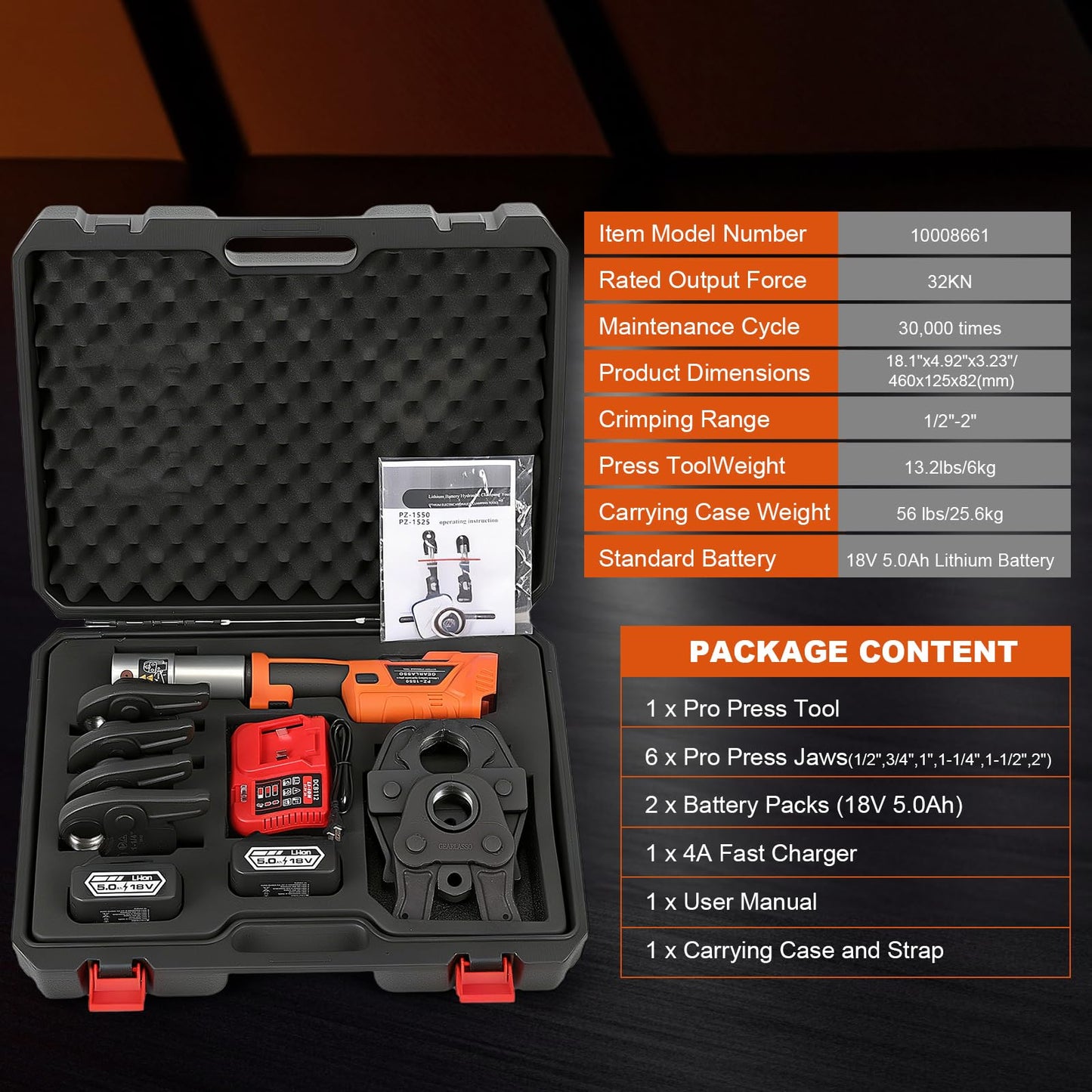 GEARLASSO 18V Brushless Copper Pipe Press Tool Kit for 1/2", 3/4", 1", 1-1/4", 1-1/2", 2", Electric Crimping Tool with 6 Jaws, 2-Pack 5.0Ah Batteries, OLED Display & Bluetooth