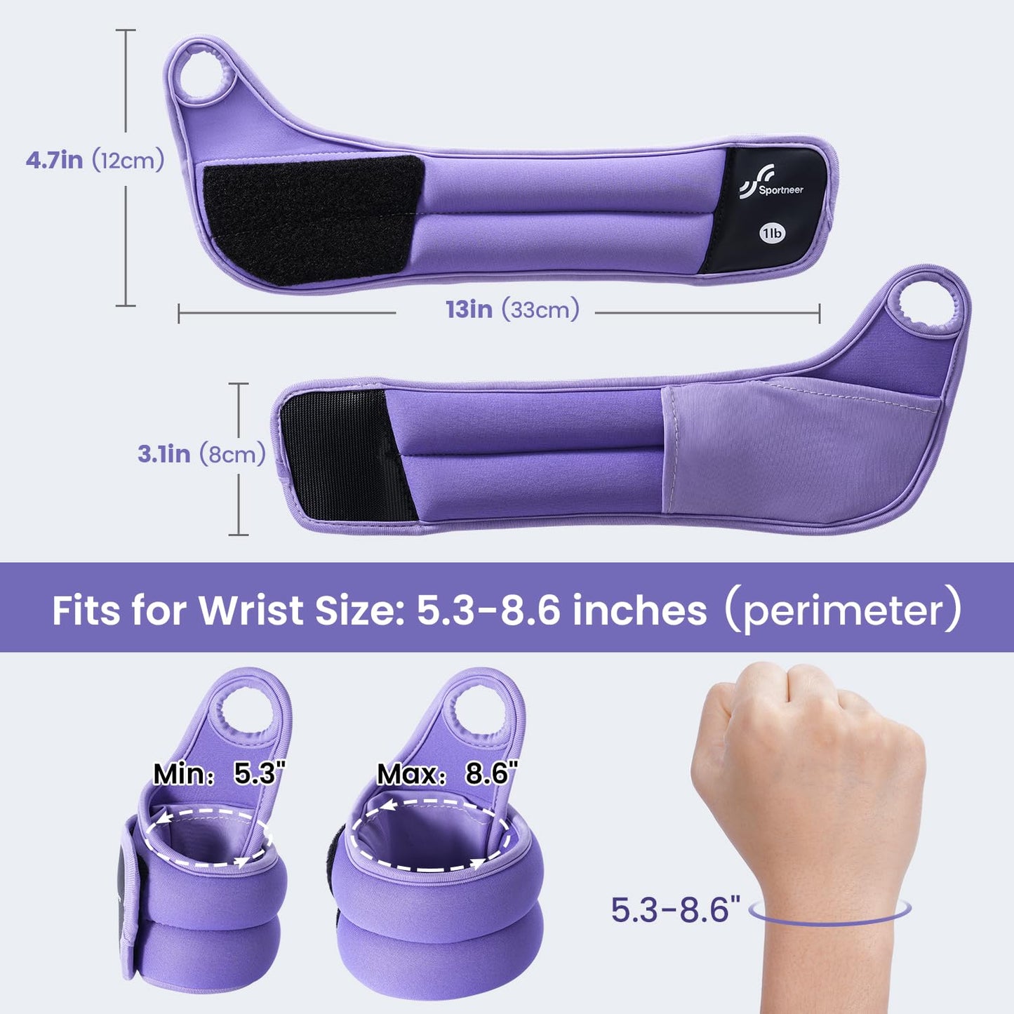 Sportneer Wrist Weights with Thumb Loops Lock for Men Women, 2 LBS /4 LBS Pair Arm Hand Weights for Running Walking Jogging Physical Therapy Gym Strength Training Cardio Exercise, Increase Wrist & Hand Resistance (Purple, 1 LB x 2)