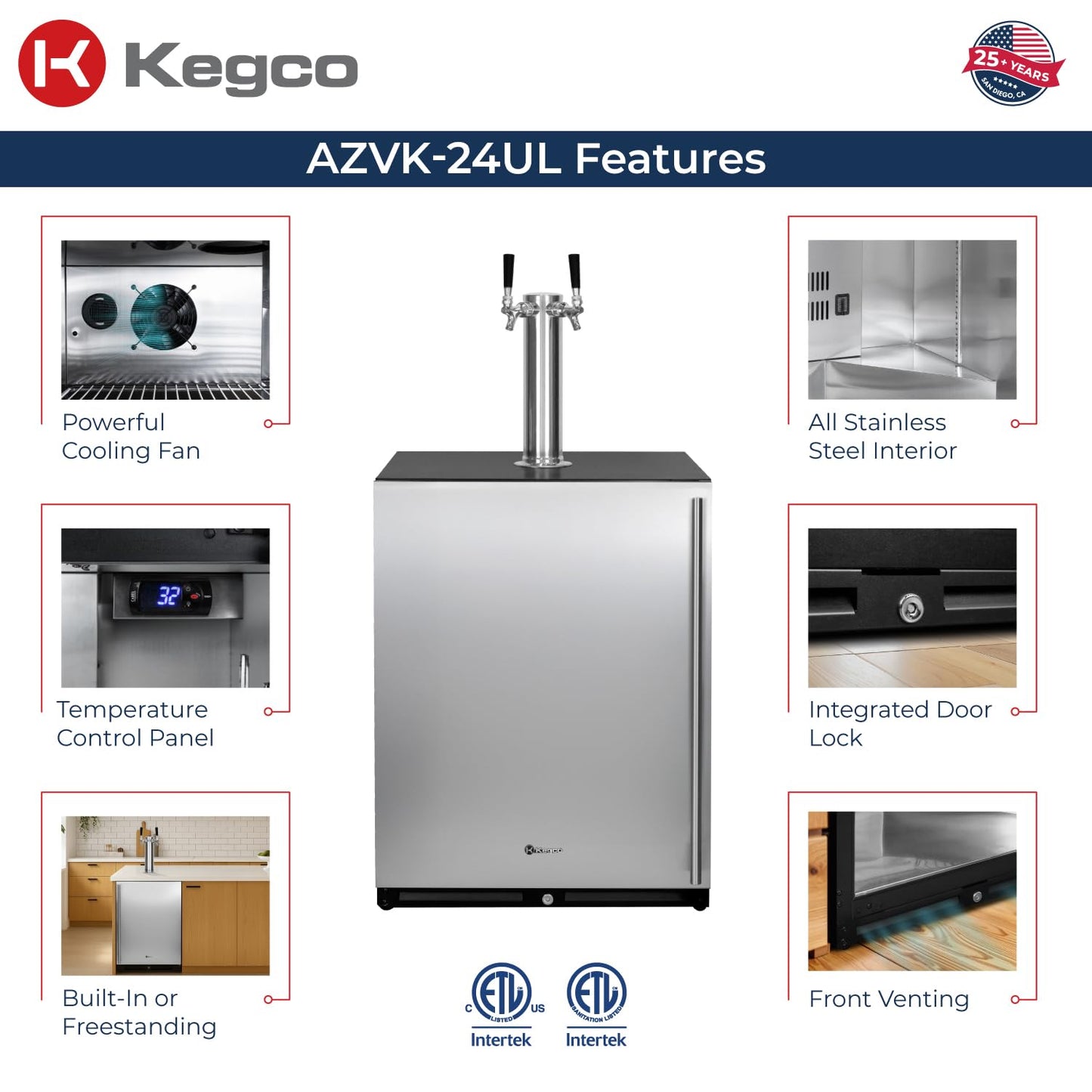 Kegco 24" Wide Dual Tap Stainless Steel Built-In Left Hinge Kegerator with Dispense Kit