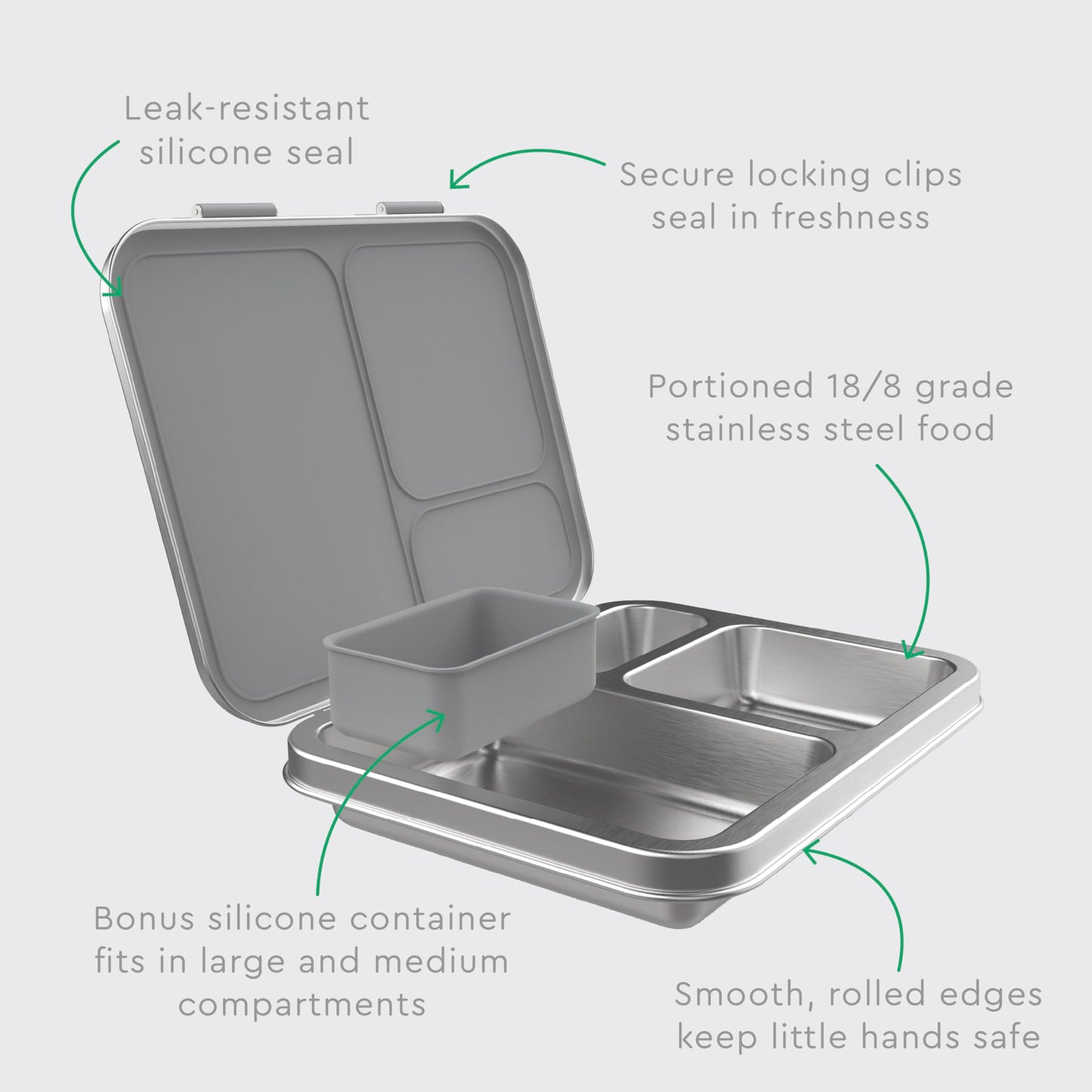 Bentgo Kids Stainless Steel Leak-Resistant Lunch Box - 3-Compartments with Bonus Silicone Container, Durable, Eco-Friendly, Dishwasher Safe, BPA-Free, Ideal for School, Ages 3+ (Silver)