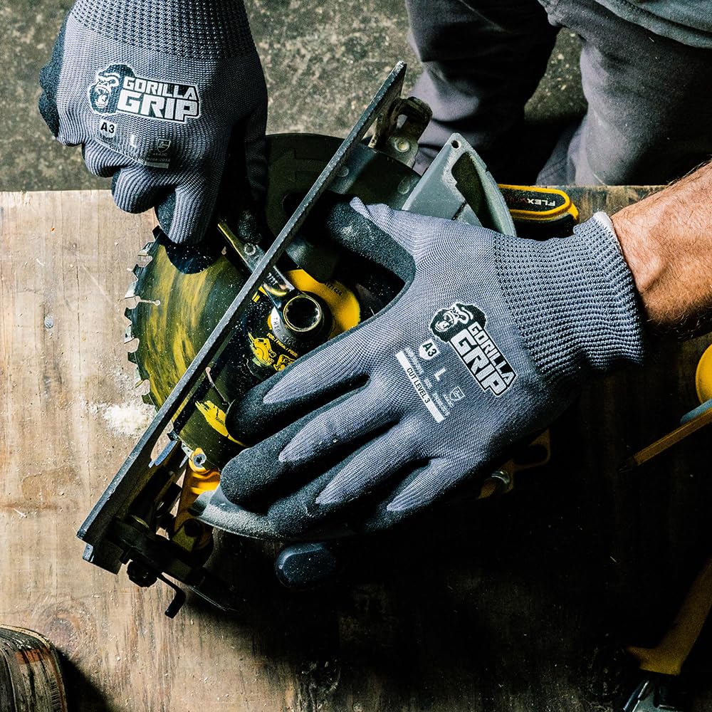 Gorilla Grip A3 Cut Resistant Work Gloves, Touschreen Compatible Safety Gloves, Breathable, Nitrile Coated, Grey - Medium (12 Pack)