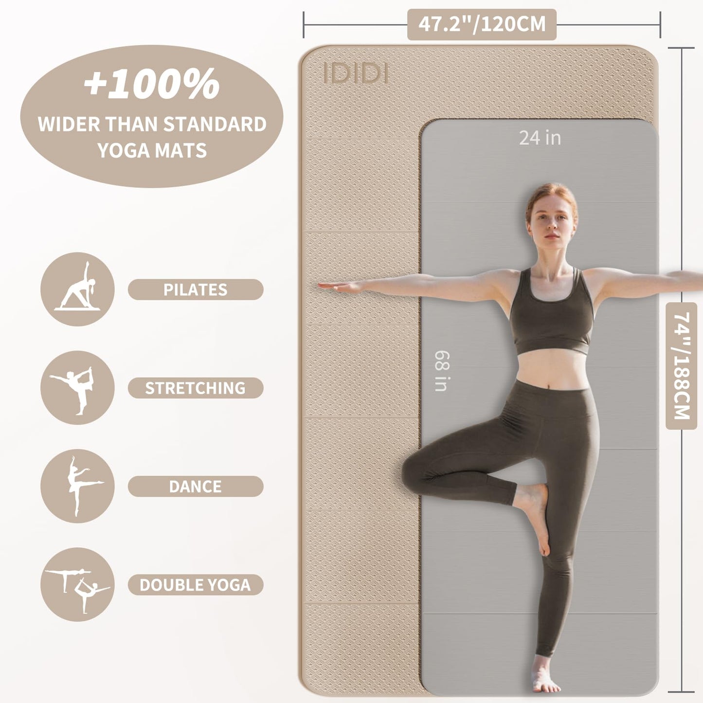 Foldable Yoga Mat Extra Thick & Large (74.0" x 47.2" x 0.4"), Double-Sided Non-Slip Lightweight Fitness & Pilates Mat, 10mm Thick Wide Exercise Mat for Men Women Kids, Portable Workout Mat for Gym, Studio, Travel, Home & Parent-Child Use (Beige)