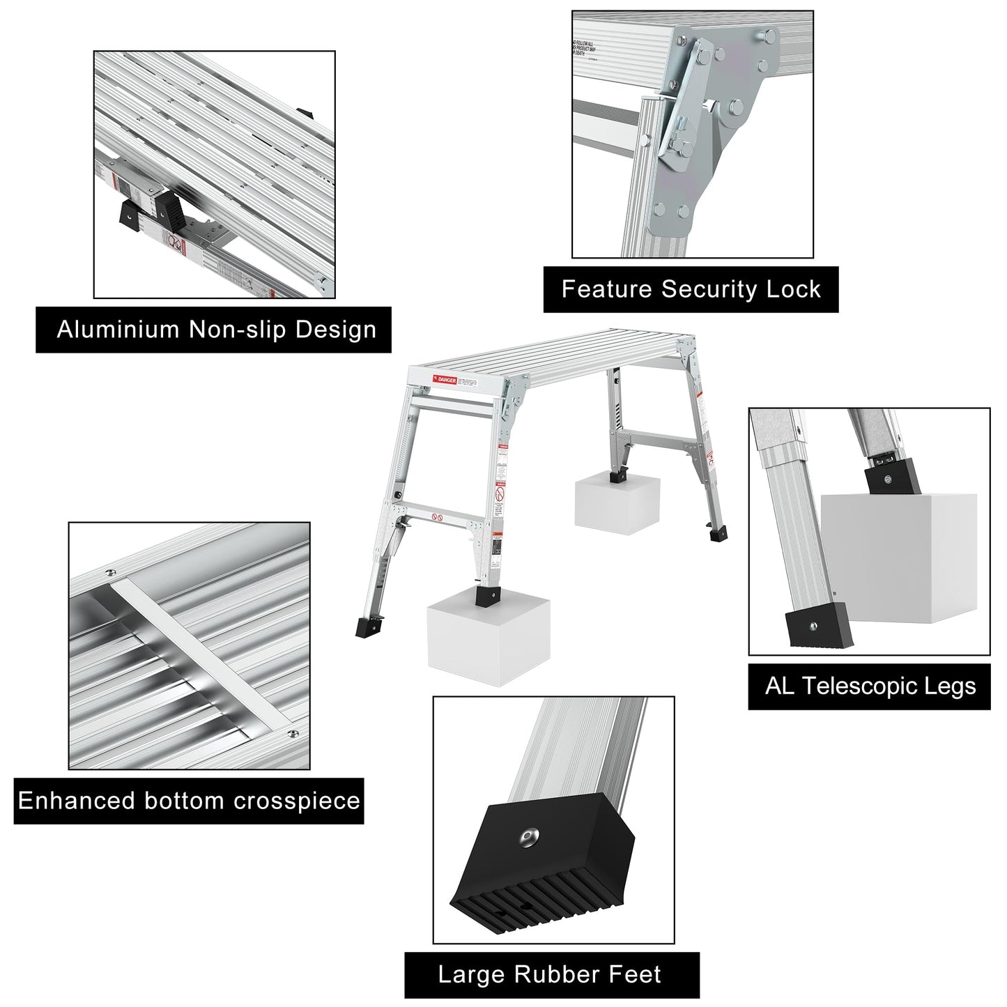 Aluminum Work Platform Height Adjustable Folding Portable Work Bench, Step Ladder Car Wash Step Stool, Telescopic Feet 22" -27.5" Height for Painting, Washing, Suitable for Home, Garage