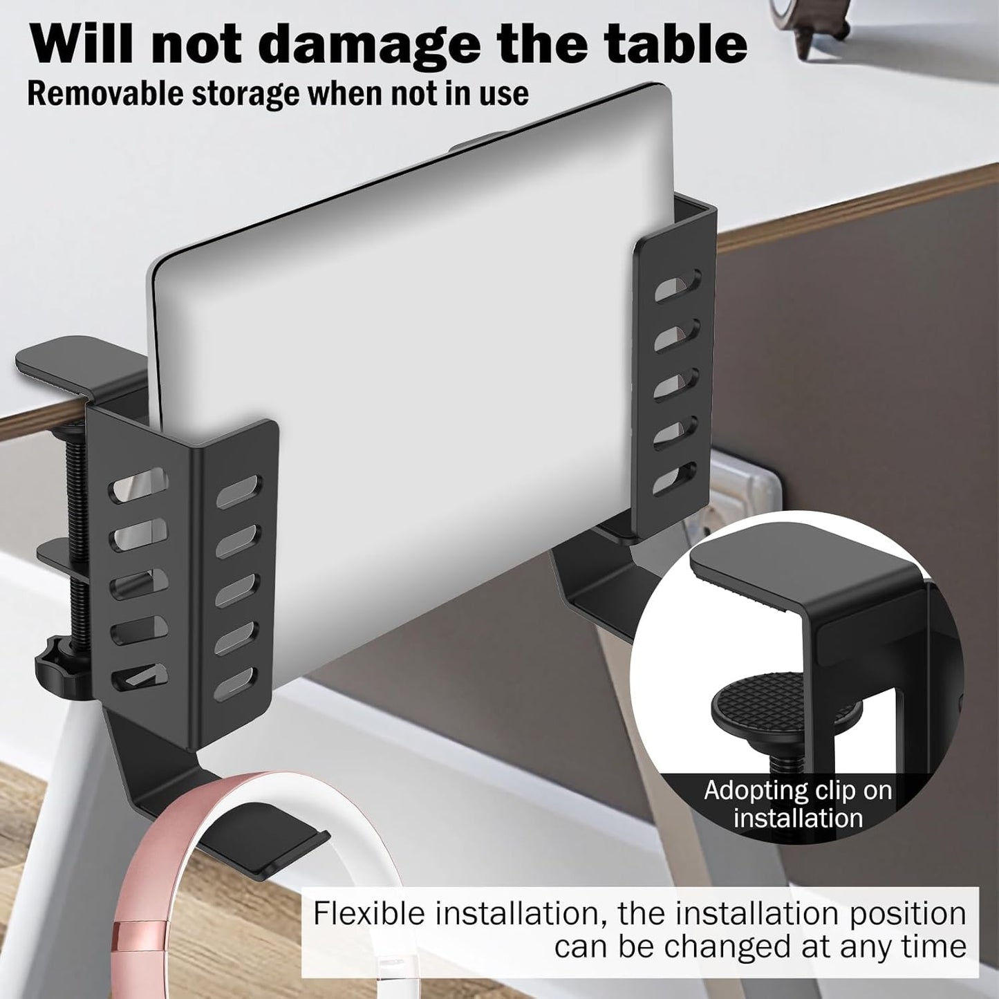 kaimenhong Desk Side Laptop Holder, Desk Side Storage, No Drill Side Desk Organizer, Tablets Hanging Holder, Table Side