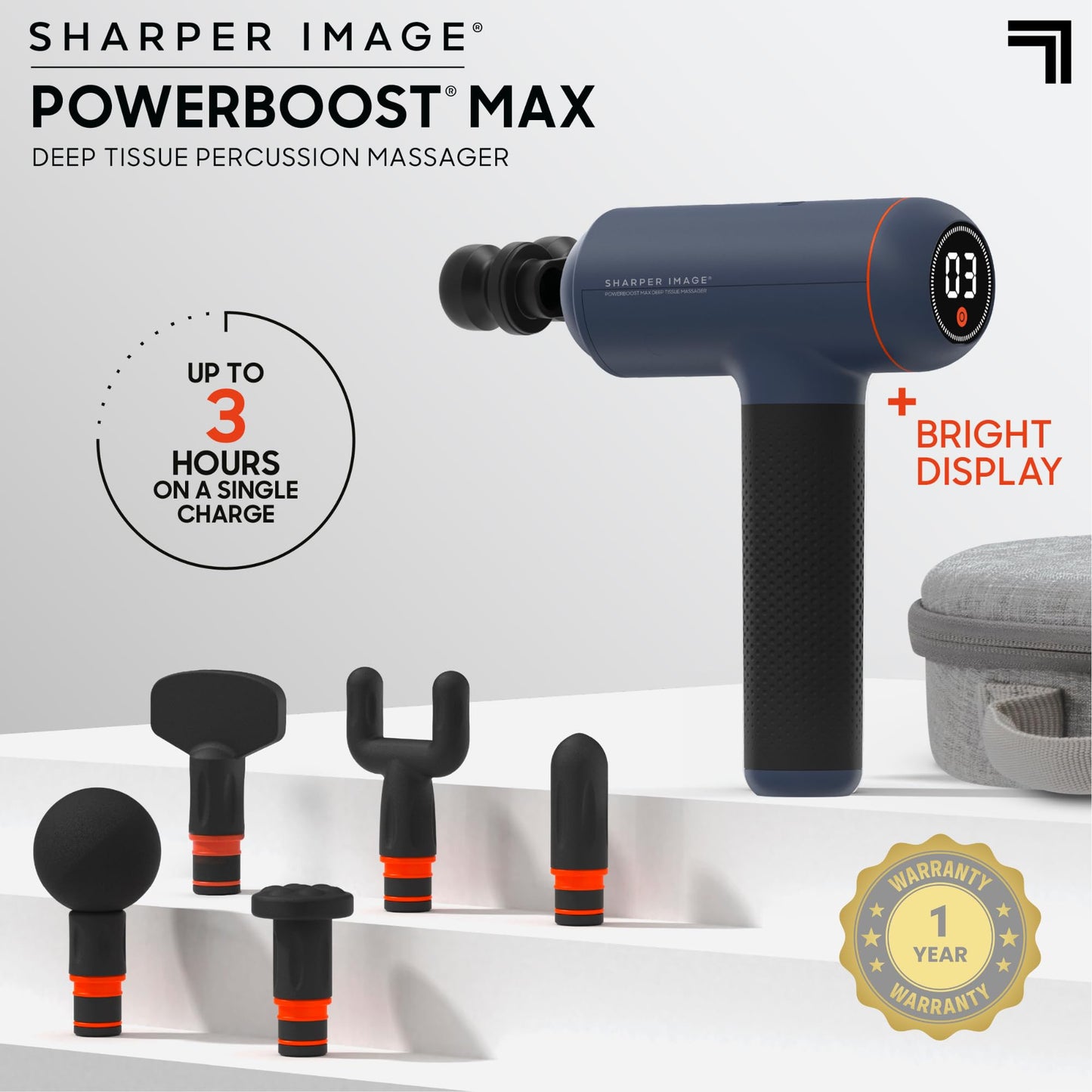 Sharper Image PowerBoost Max Massage Gun | Anti-Stall Deep Tissue Percussion Massager | 7 Speeds | Workout Muscle Recovery | Pain Relief | Back Shoulder Massager | Massage Tool | Gifts for Men Women