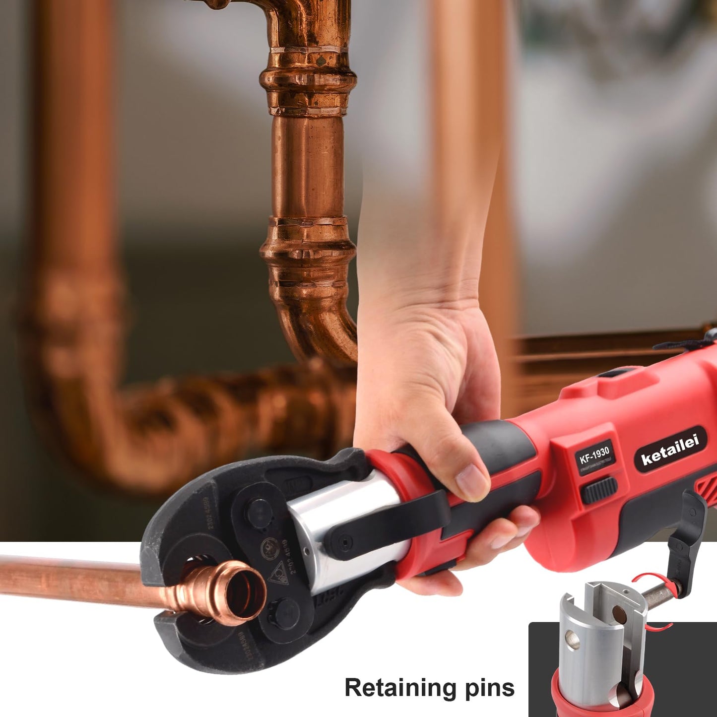 ketailei Pro Press Copper Pipe Crimping Tool Kit - 2x 5.0Ah Battery Powered - 1/2" 3/4" 1" US Standard Jaws - Cordless Electric Hydraulic Copper Pipe Crimping Tool for Plumbers（KF-1930）
