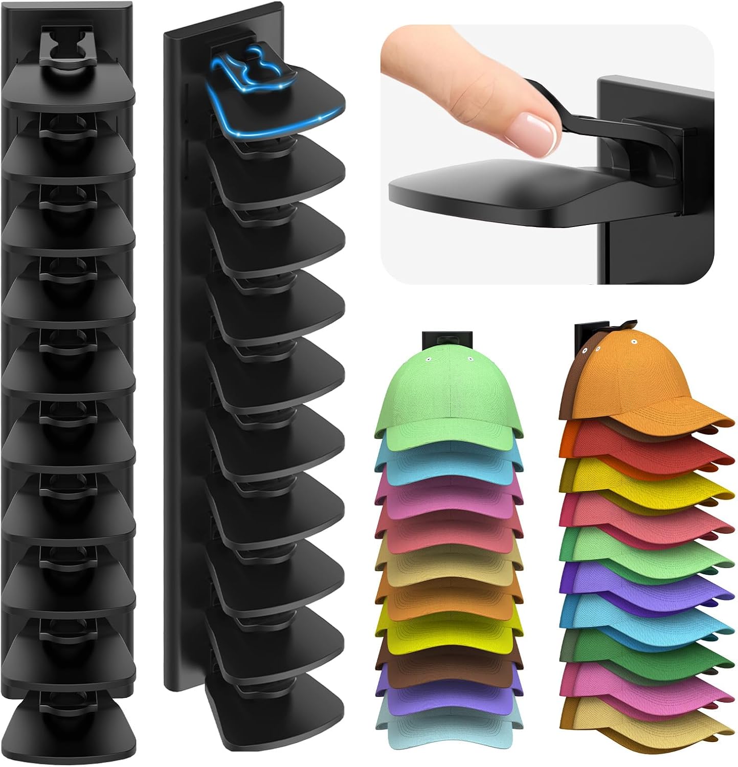 Volnamal Hat Organizer - 2 Pack Baseball Cap Rack Holds Up to 40 Hats | Space-Saving Wall Storage (Black)