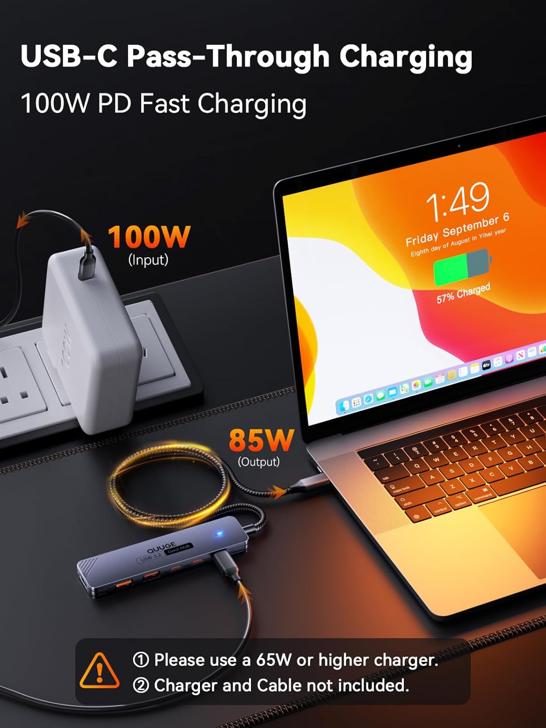 QUUGE 10Gbps, 6-in-1 4K@60Hz 100W 2 3.2 30cm USB C Hub Aluminum Multiport Adapter for Laptops, USB C to HDMI Adapter
