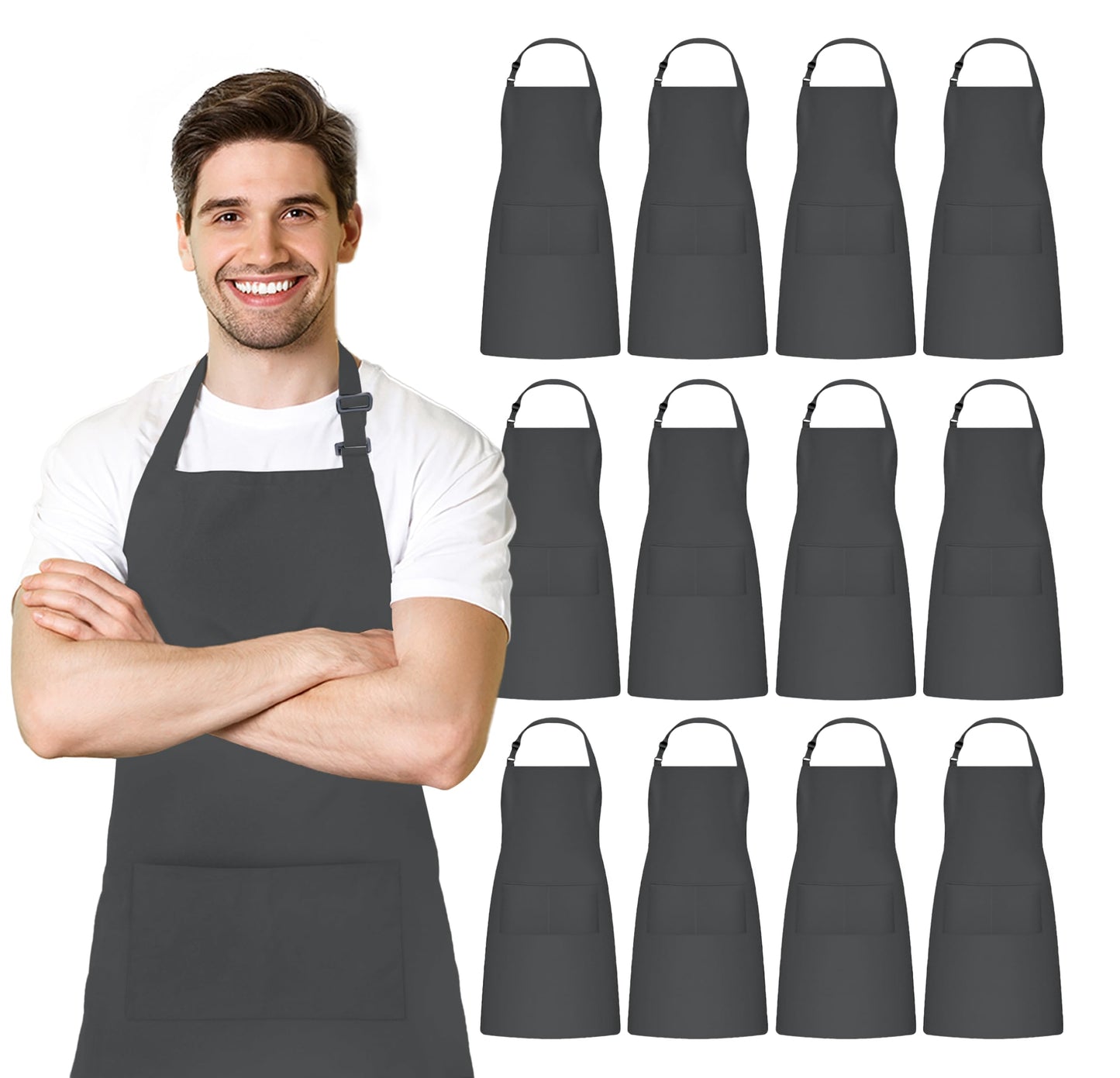 Adjustable Bib Apron 100% Polyester Kitchen Aprons Waterdrop Resistant Aprons with Adjustable Strap, Pockets & Long Ties