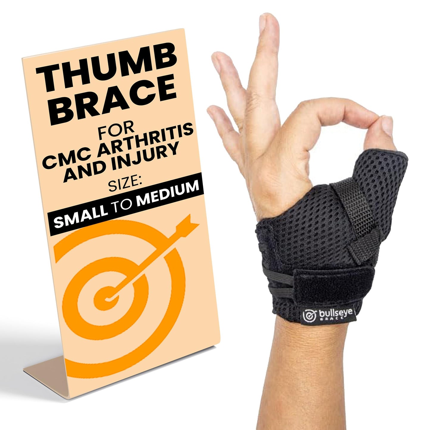 Bullseye Thumb Brace – Stabilizes Thumb CMC Joint to Relieve Pain due to Arthritis and Injuries – Adjustable Fit with Supportive Strap – Speed Lacer for Easy On/Off – Hand Wash - (S/M - Left Hand)