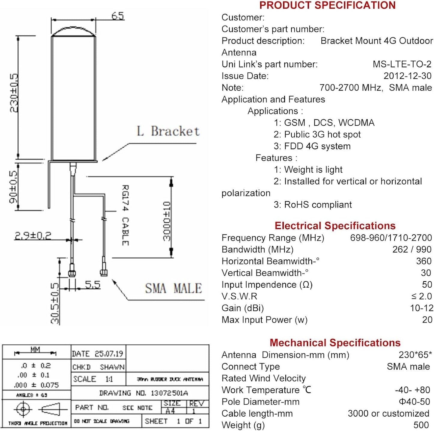 Boobrie 4G 10dBi-12dBi 698-2700MHz 16.4Ft 4G LTE Antenna High Gain Outdoor Antenna OmniDirectional Dual SMA Male