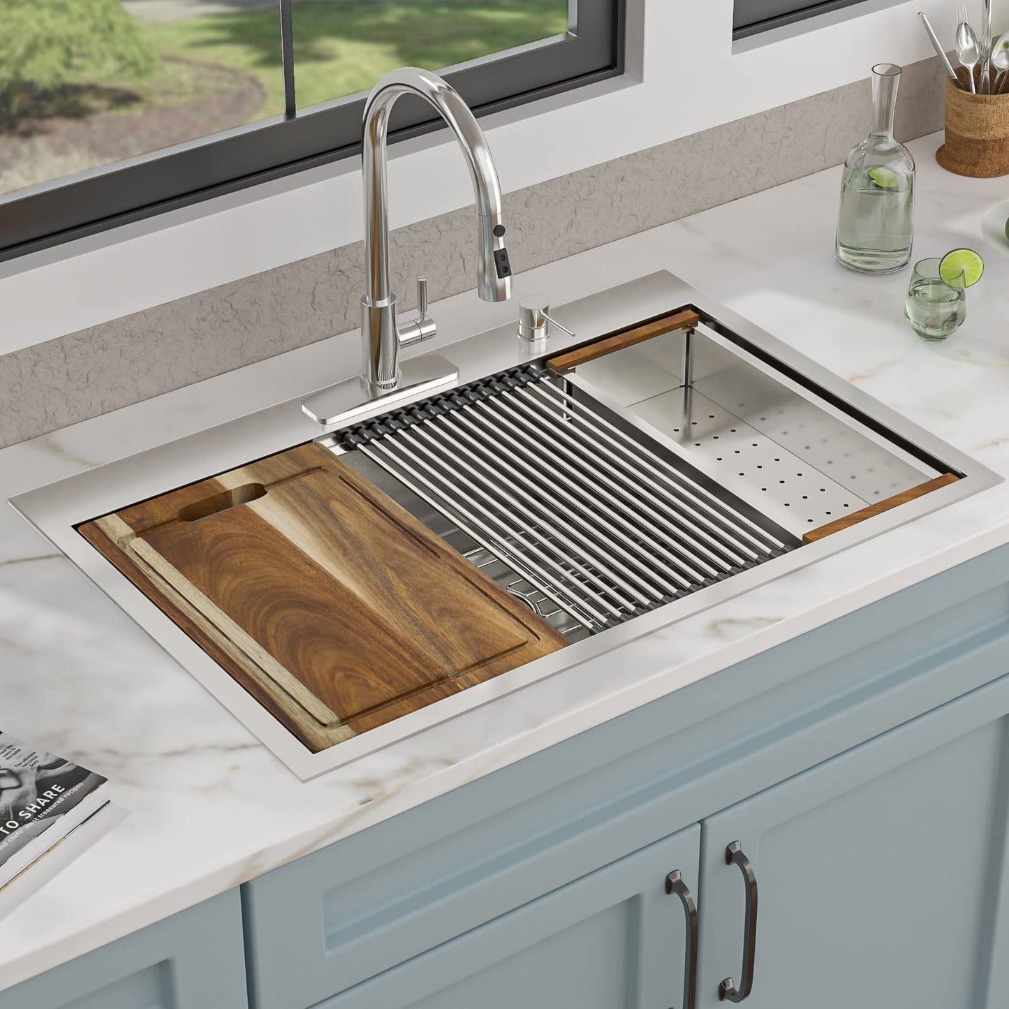 Fulorni 33"x22" Drop In Kitchen Sink Ledge Workstation – 16 Gauge 304 Stainless Steel Above Counter Deep Single Bowl Top Mount Sink Basin