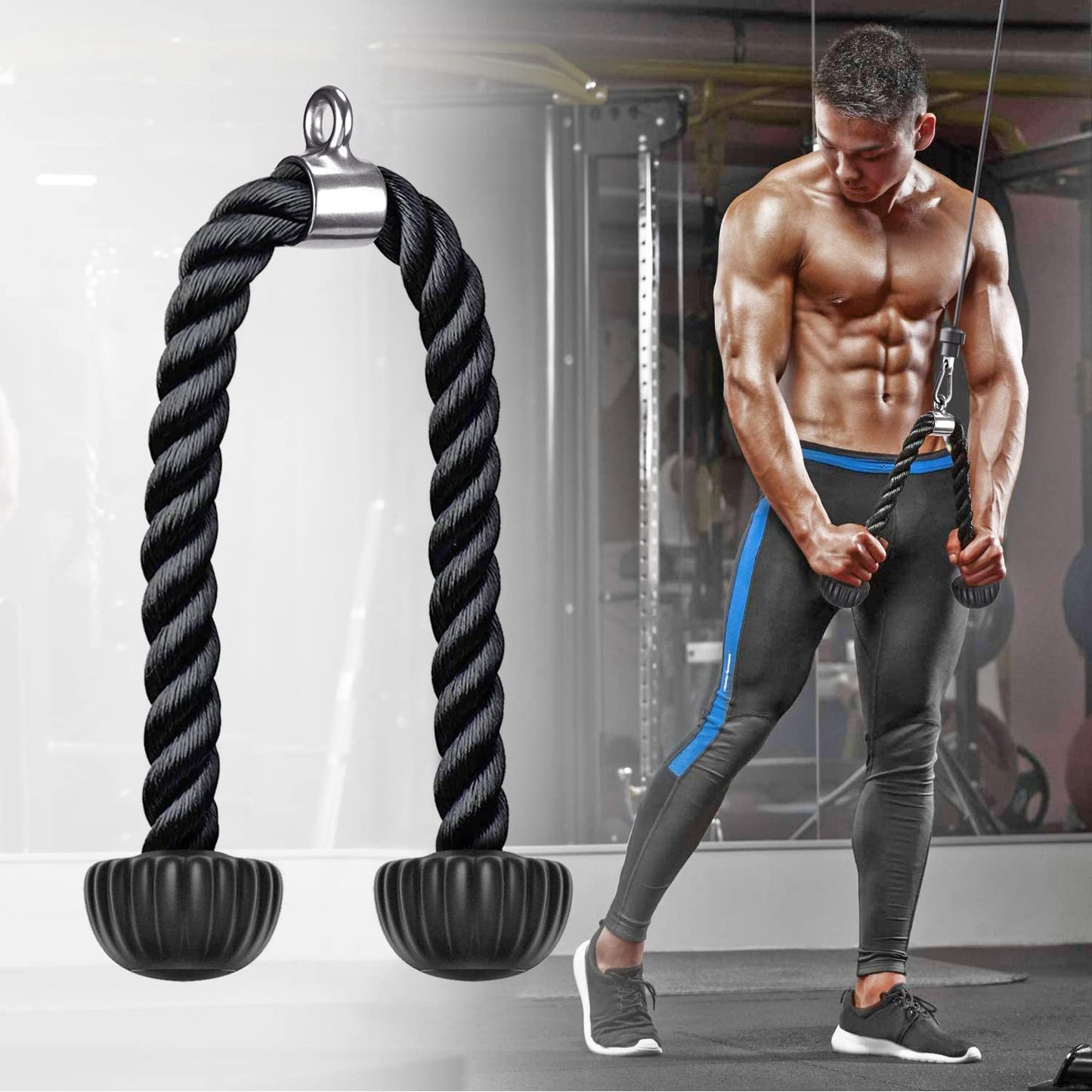 SELEWARE Tricep Rope Cable Machines Attachments for Gym, Heavy Duty Exercise Pulldown Rope with Soft Rubber Ends, Universal Tricep Pull Down Rope for Pulley System (Black, 28")
