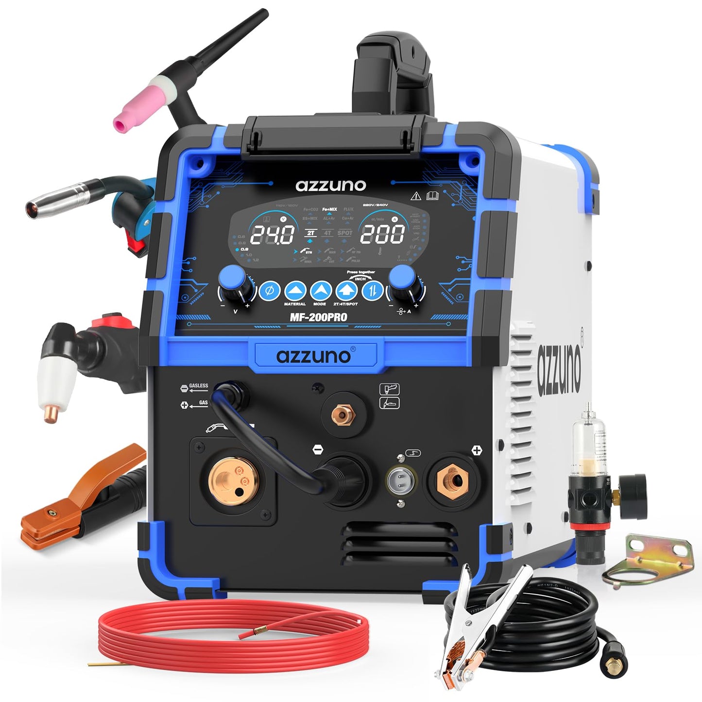 AZZUNO Plasma Cutter Welder Combo 200A, Gas MIG/PULSE MIG/MAG/Flux Gasless MIG/HF TIG/Stick/CUT/SPOT MIG 8 in 1 Multiprocess Welder Machine, 110/220V Dual Voltage Aluminum Welding Machine