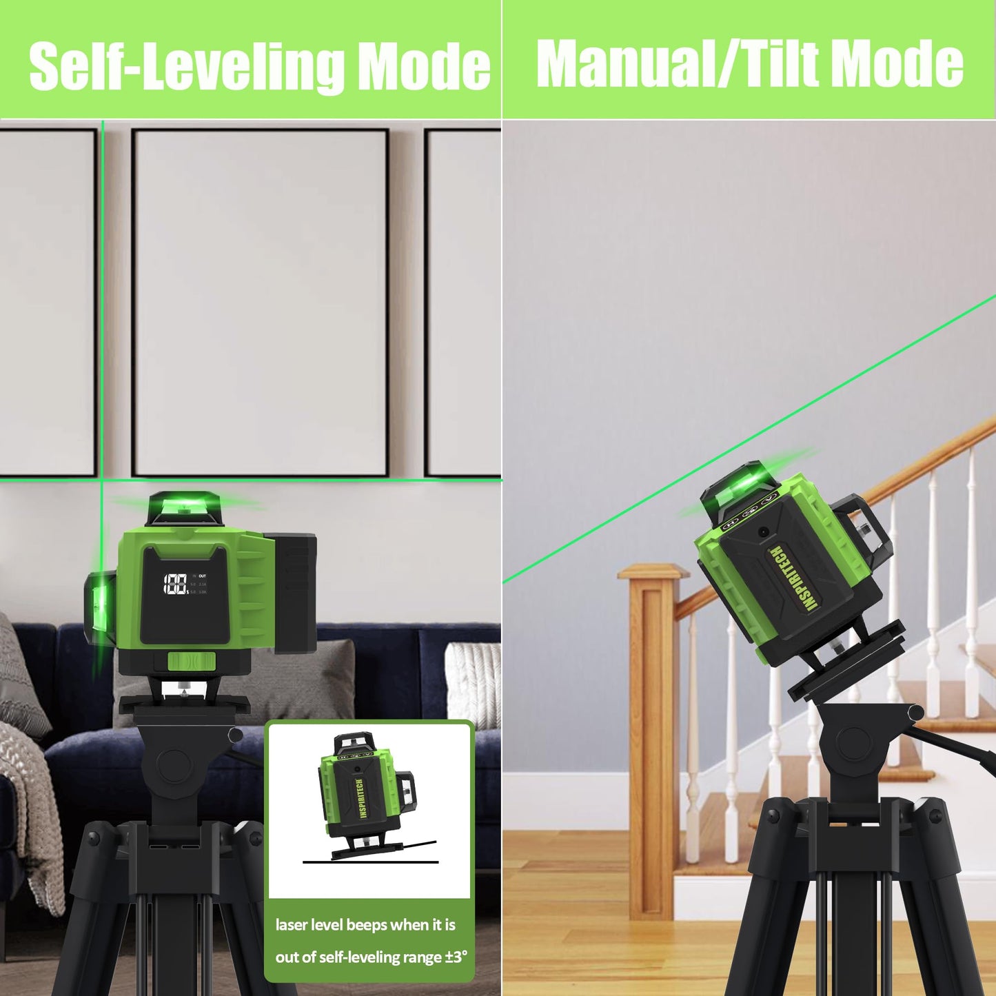 INSPIRITECH Laser Level 360 Self Leveling for Tiling Floor Wall Ceiling Construction, 4x360 Horizontal Vertical Cross Line Multi Surface Lazer Alignment, 4D Green Beam Laser Level for Picture Hanging