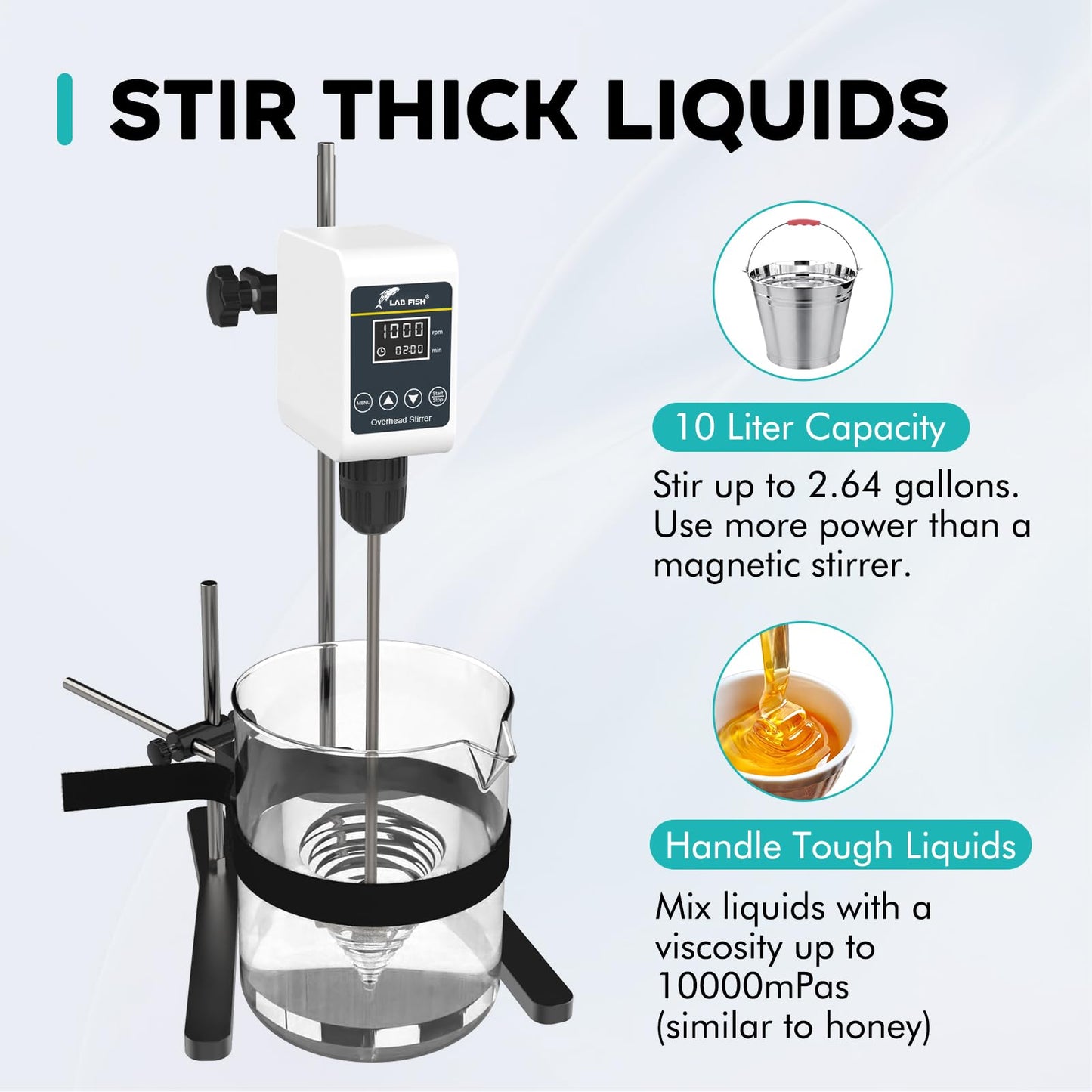 LAB FISH Digital Overhead Stirrer(OS-5S) 10L Capacity 100-1200 RPM Timing 1min-24h Variable Speed Mixer Handles High Viscosity Liquids for Chemical/Reagents/Paints