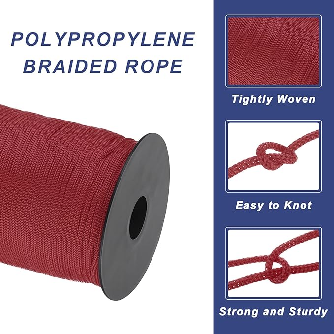 MECCANIXITY 1/8 Inch Polypropylene Rope Braided Ropes, 328ft Nylon Rope Hollow Utility Cord for Clothesline, Camping, Hiking, Outdoor, Wine Red