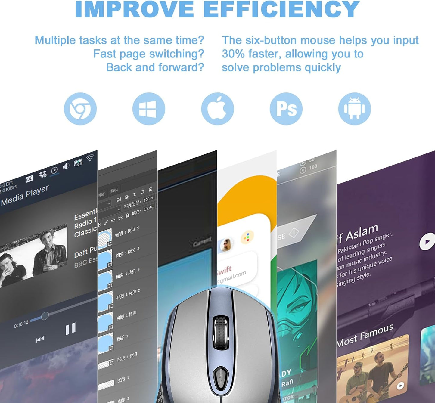 cimetech 2.4G 3 Wireless Mouse, Silent Computer Mice Cordless with Adjustable DPI,Ergonomic Mouse for Laptops