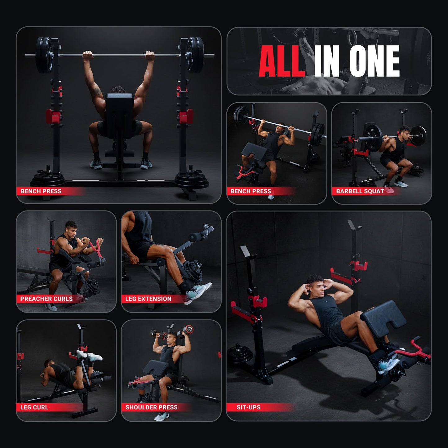 Yoleo Weight Bench with Rack - Bench Press Set, Leg Extension, Preacher Curl & Flat/Incline/Decline Full Body Workout Bench, Adjustable Olympic Weight Benches for Home Gym(47.44IN WIDE GRIP) (47.44“ Wide Grip)