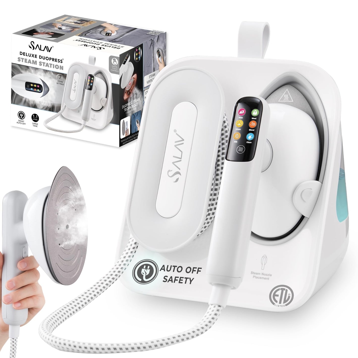 SALAV DuoPress Smart Deluxe Steam Station, Garment Steamer & Iron, 6ft Extra-Long Hose, Auto-Off Safety, Digital Display, 7 Steam Levels, 1.1L Water Tank, Dry Iron Mode & Steam Burst