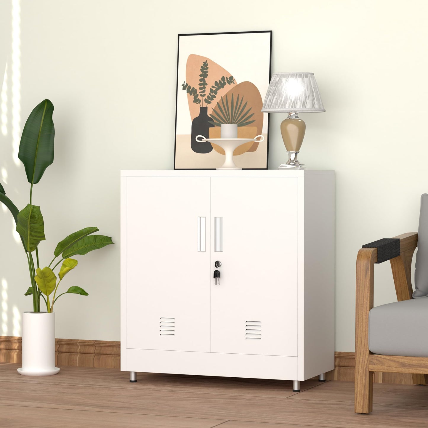 JINKUR Metal Storage Cabinet with Locking Doors and Adjustable Shelf, Small Lockable Sideboard Buffet Cabinet for Home, Office, Entryway, Hallway, Living Room, Kitchen and Dining Room, White