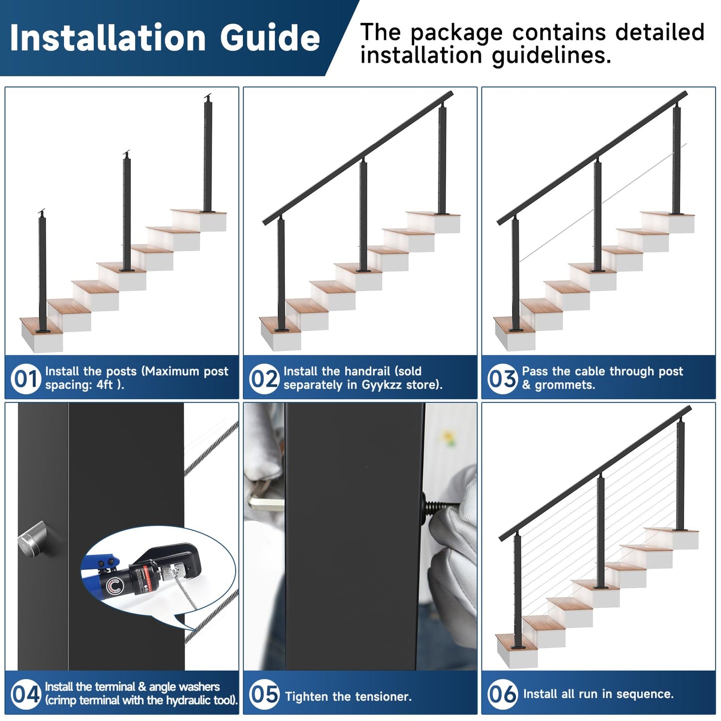 Gyykzz 2 Pack 36" Stair Cable Railing Post for 28-38 Degrees Stairway, Matte Black Surface Mount Deck Staircase Post System, Heavy-Duty Stainless Steel T304 Wire Railing Post for Stairs Indoor Outdoor