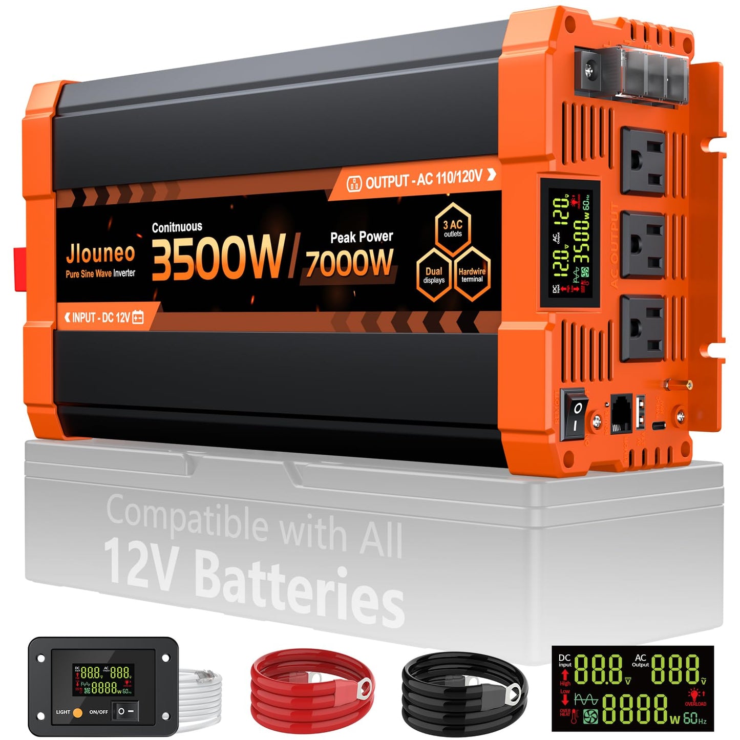 Jlouneo 3500W Pure Sine Wave Inverter, 12V DC to 110V/120V AC Power Inverter for Truck, Semi Truck, RV, Off-Grid Solar, Home Backup, with 3 AC Outlets, Dual LCD Display, Remote Control, Hardwire Port