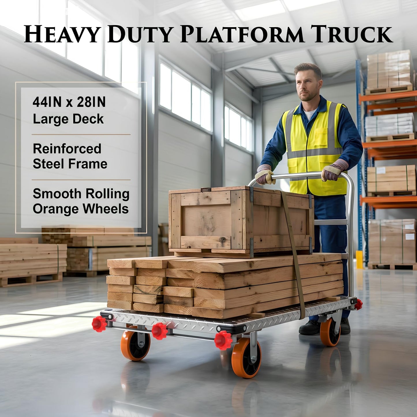 2-in-1 Steel Panel Cart with 3000 lbs Capacity Lumber Drywall Dolly Cart, 6" Swivel Brake Wheels Heavy Duty Table Truck Flatbed Cart with 1Front and 3Side Handrails 44 X 28inch 2mm