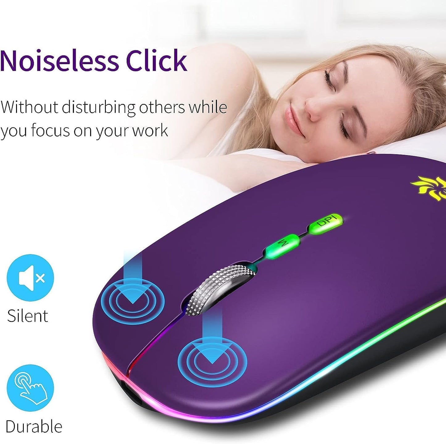 KBCASE 2.4G Wireless Mouse, LED Wireless Mouse for Laptop, Slim Silent Mouse Rechargeable Wireless Computer Mouse