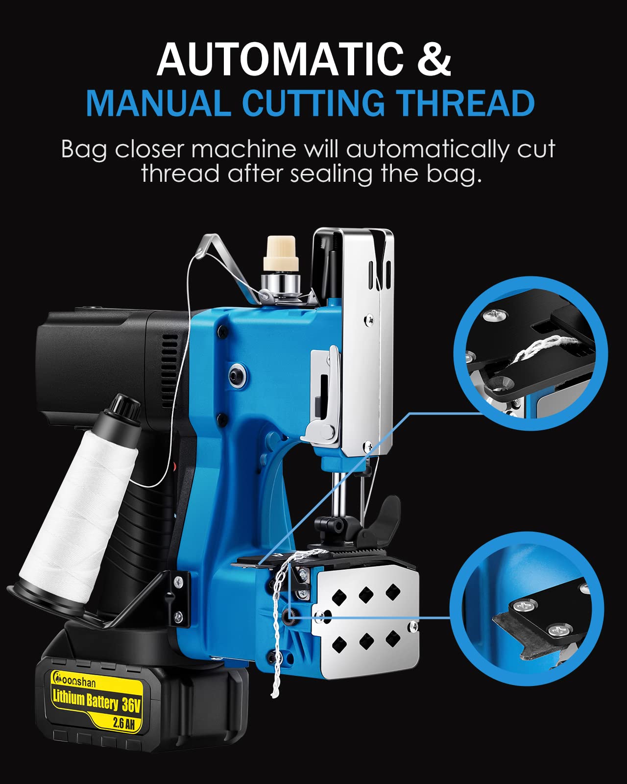 Moonshan Cordless Bag Closer Machine, Industrial Bag Closing Machine Bag Sewing Machine Automatic Thread Cutting Machine for Packing Woven Bags Non-woven Fabrics Leather GS7-017D