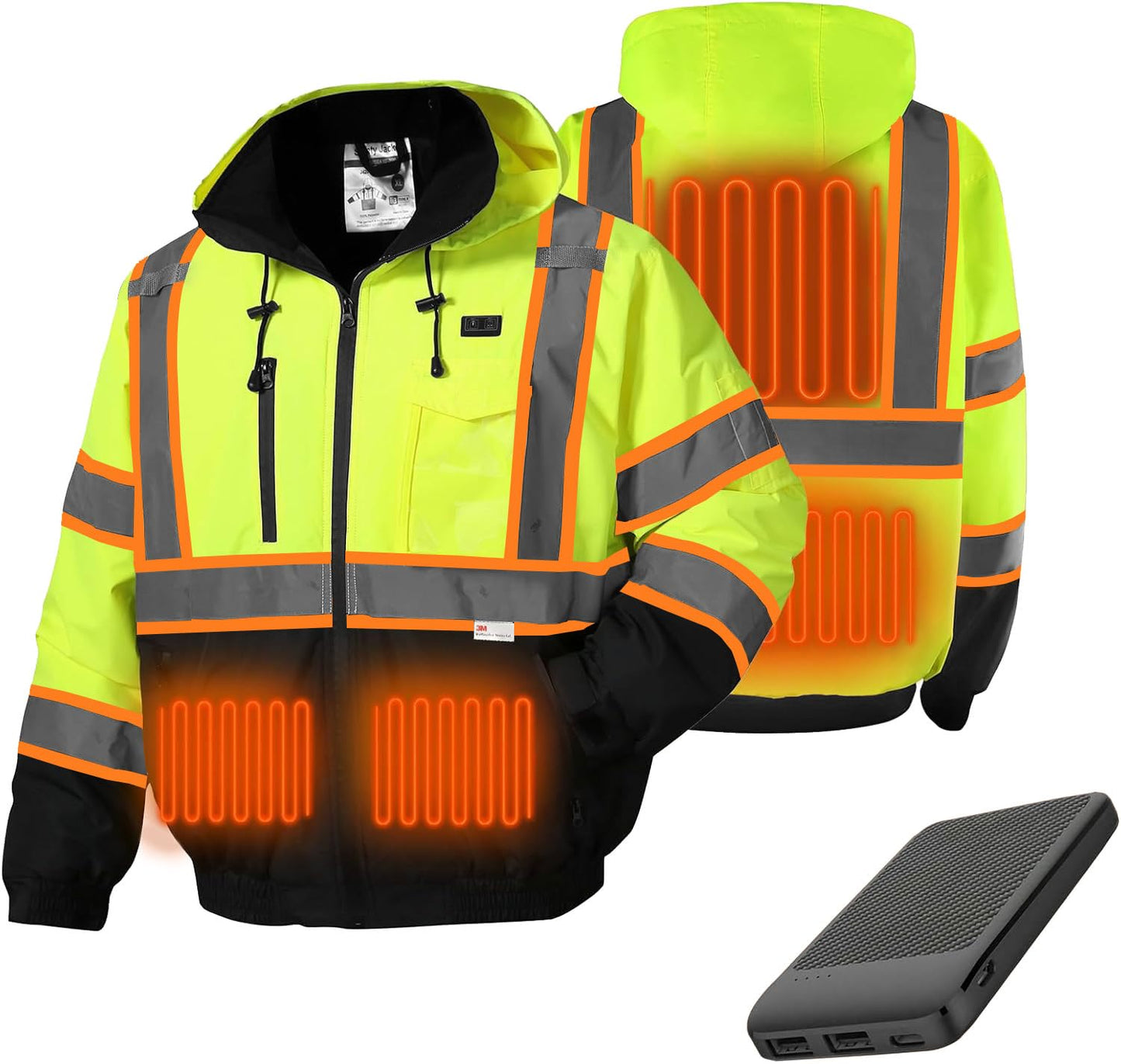 SKSAFETY Professional Level Heated Safety Bomber Jacket, Class 3 Hi-Vis Waterproof Coat, 3M Reflective Tape, Work Construction Coats for Cold Weather