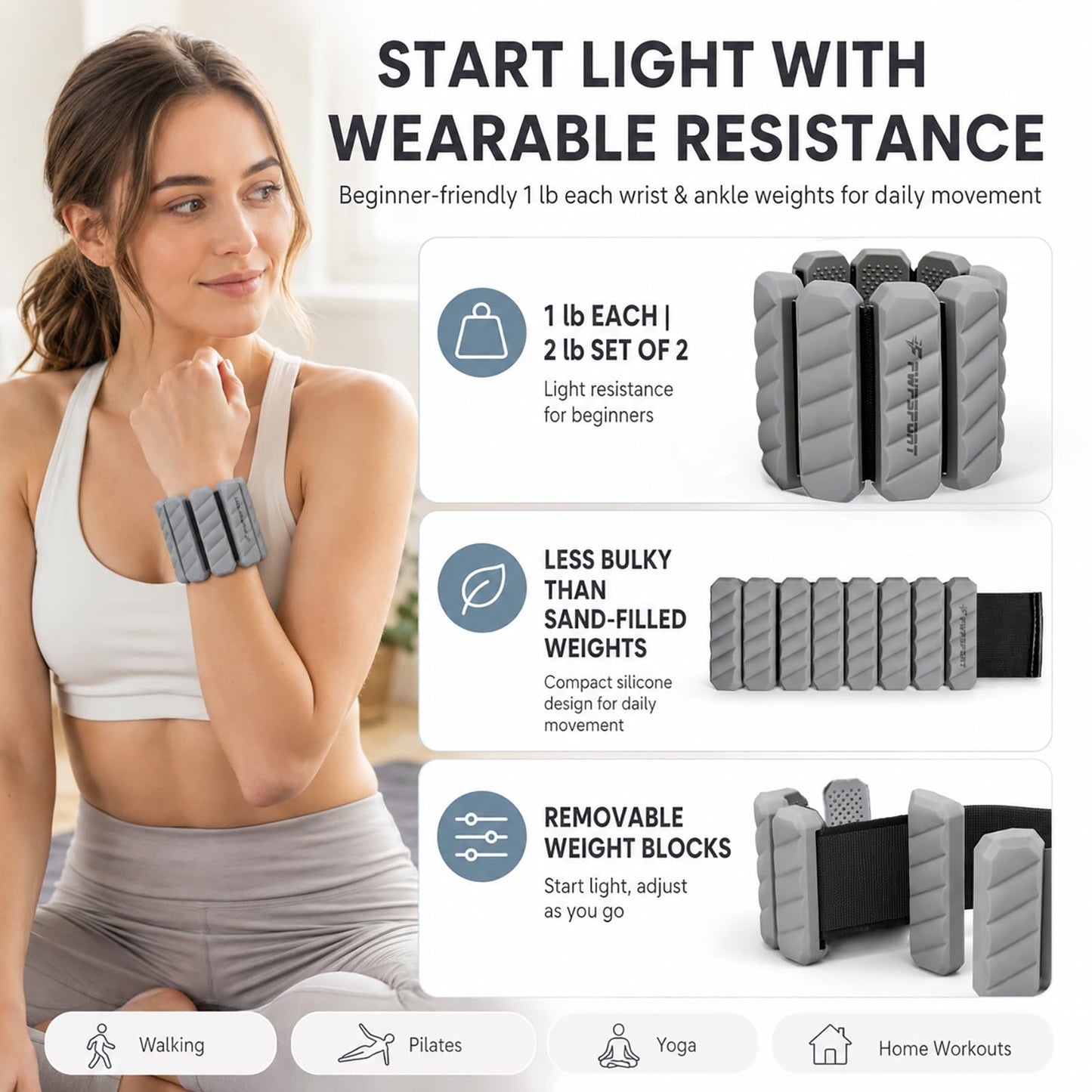 FWPSPORT 2 lb Wrist and Ankle Weights Set of 2 (1 lb Each) with Resistance Band, Adjustable Silicone Wearable Arm & Leg Weights for Walking, Pilates, Yoga, Home Workout