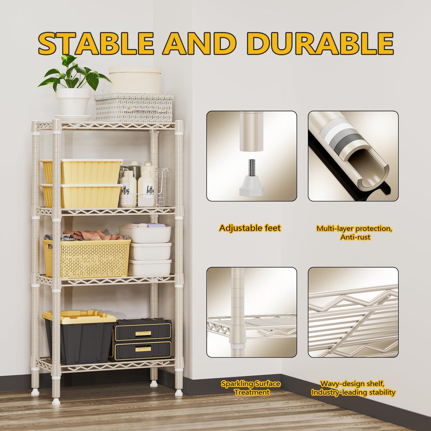 M MZG 1000 lbs 4-Shelf Standing Storage Shelves Heavy Duty Metal Shelving Unit Adjustable Wire Rack for Office Garage Kitchen, Light Tan 11.8 D x 23.6" W x 47.5" H