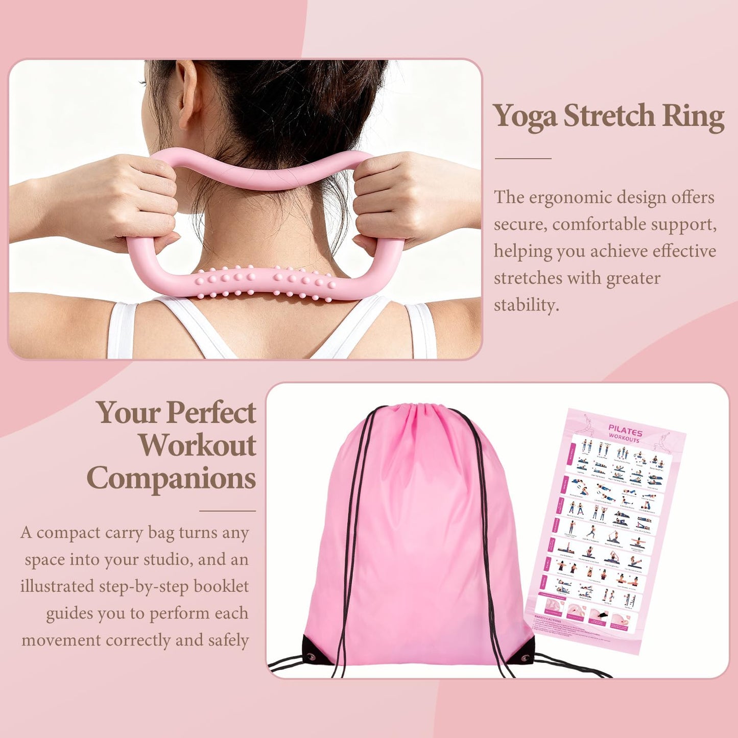 LZCDUDU Pink Pilates Ring Kit with 14 inch Magic Circle & Foam Roller, Ergonomic Home Workout Equipment Set, Full Essentials for Women Beginners - Includes Exercise Guide & Storage Bag