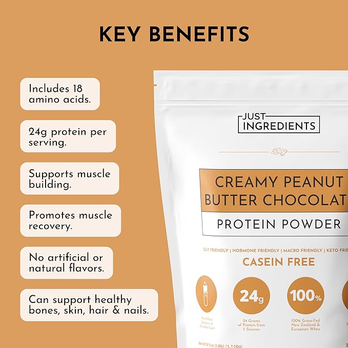 JUST INGREDIENTS Creamy Peanut Butter Chocolate Protein Powder ??30-ServingBlend with Grass-Fed Whey, Pea, Pumpkin Seed, Chia & Collagen ??No Sugar Added ??No Gums 24g Protein