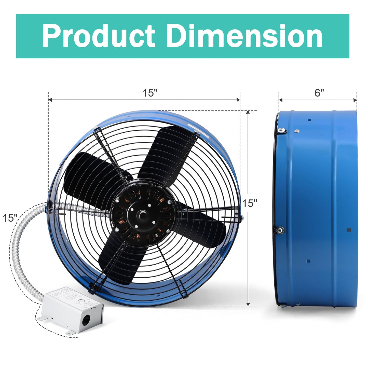 Hipoilk Gable Mount Attic Fan with Adjustable Thermostat, 15 Inch Exhaust Fan for Attic, Garage, Shed, Shop Ventilation, 1600 CFM, 1050 RPM, 2400 SQF Coverage Area