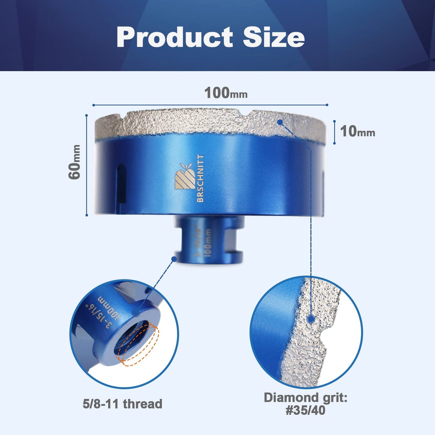 Diamond Core Drill Bit Set BRSCHNITT Diamond Hole Saw for Porcelain Tile Ceramic Marble Granite Drilling with 5/8-11 Thread(6/8/25/35/50/65/100mm Drill bits,10-25mm Finger bit+35mm Chamfer bit.